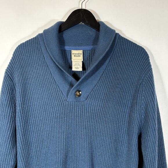 Blue Shawl Neck Sweater Men Medium Scandia Woods Preppy Pockets Button - Picture 2 of 9
